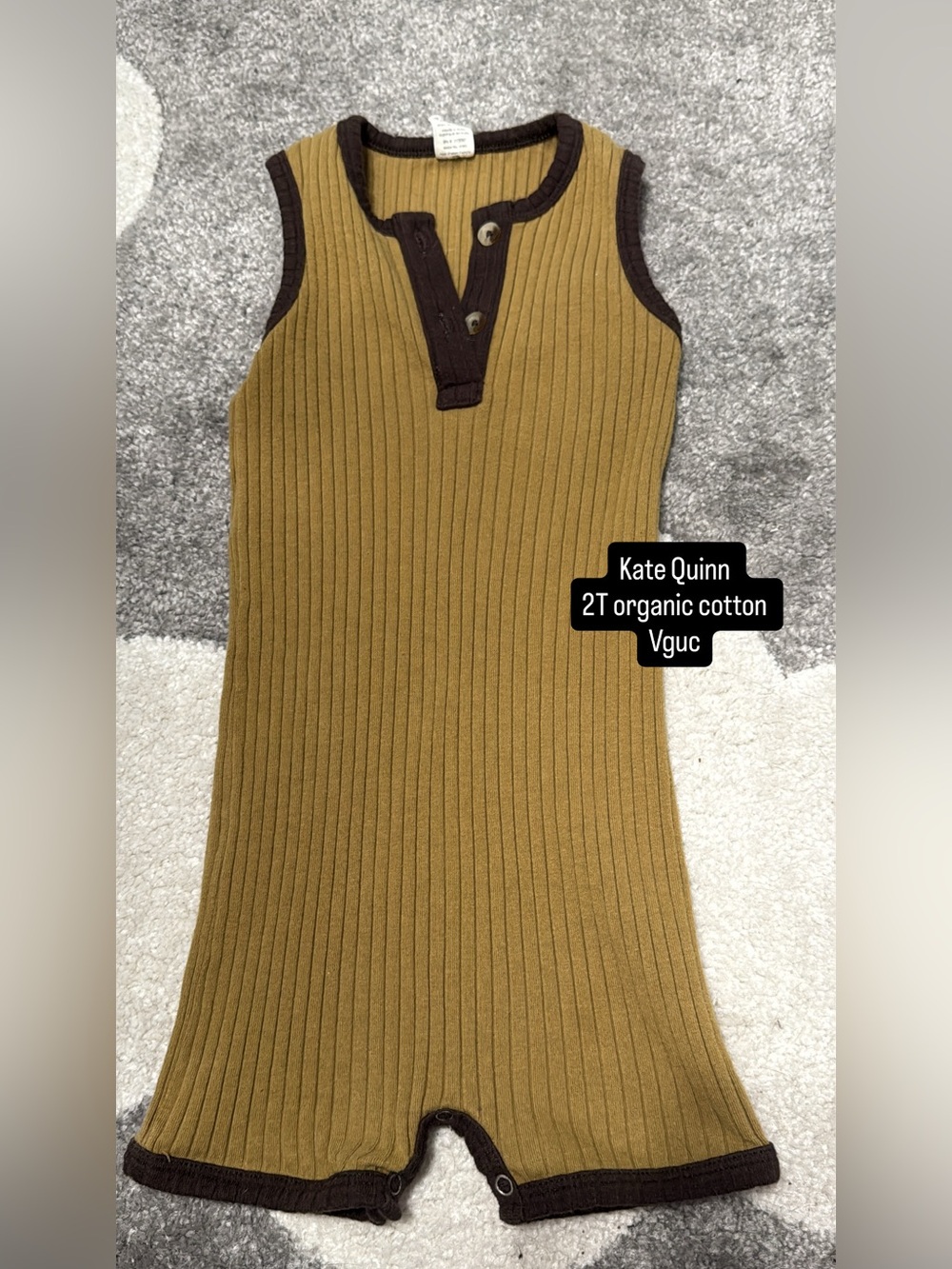 kate quinn Ribbed Sleeveless Romper in Mustard with Brown Trim